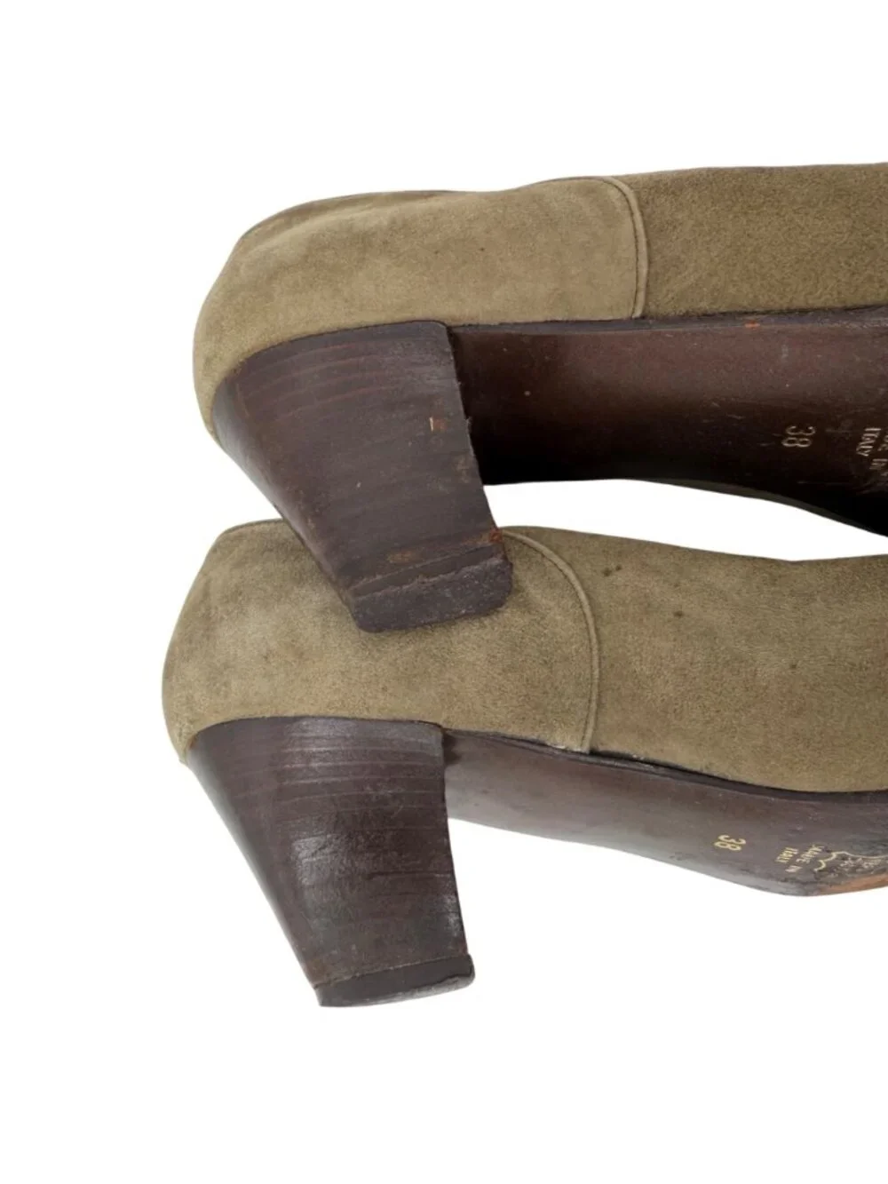 VTG VIOLA ITALIAN OLIVE GREEN SUEDE TRIBAL EMBROIDERED HEELS  - 38 (FITS LK 7)